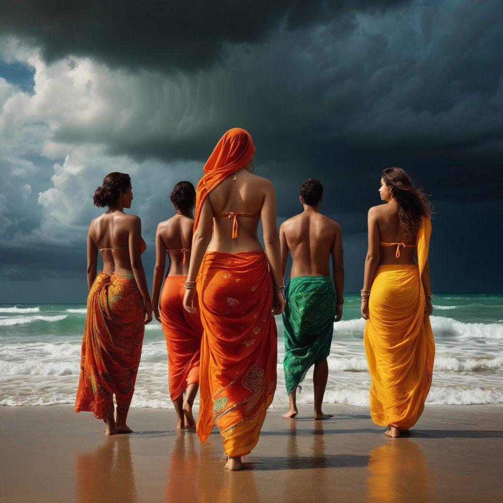 A striking beach scene that juxtaposes vibrant beachwear with melancholic shadows. In the foreground, a group of individuals expresses joy and freedom, wearing colorful and sensual swimwear, while behind them, dark storm clouds gather, hinting at an underlying sorrow. Subtle elements like a lone figure gazing at the horizon evoke contemplation, embodying the paradox of celebration and melancholy. Incorporate hints of traditional Indian motifs in the beach attire to reflect cultural richness. super-realistic. vibrant colors. dramatic lighting.